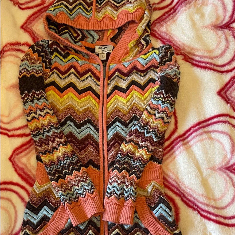 Missoni Coral and Brown Zigzag Knit Hoodie with Yellow Accents